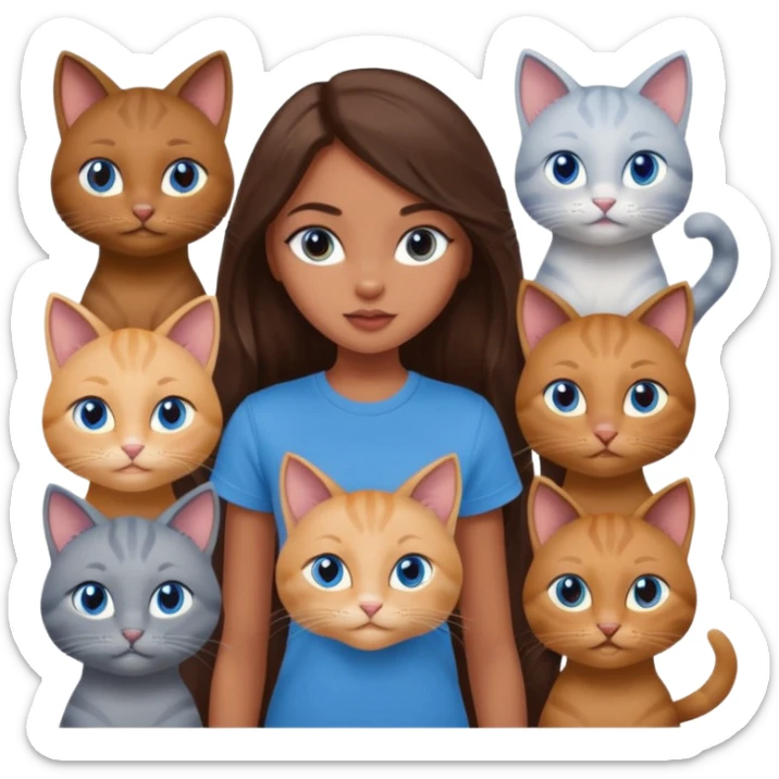 a pretty bratz dusky girl with long brown hair, blue eyes with six cats nd wearing a grey tshirt sticker