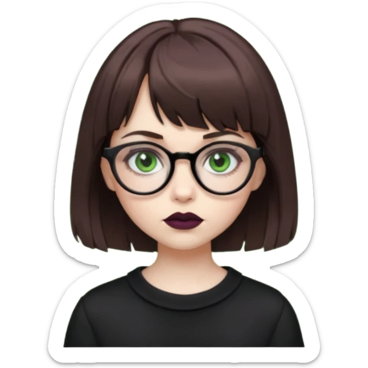 girl that has brown shaggy cut hair with baby bangs, has green eyes and wears glasses, she is goth  sticker