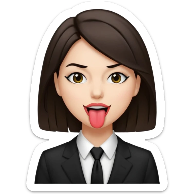 woman with dark brown hair wearing black tie over eyes with tongue out sticker
