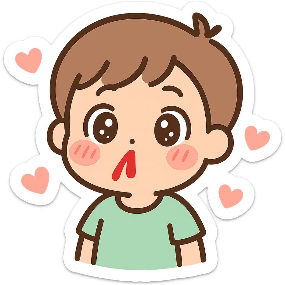 anime-style emoji of a surprised cartoon boy with wide eyes, nosebleed, blushing, hearts floating around sticker