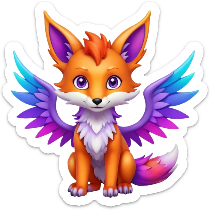 Cartoon Fox dragon hybrid purple eyes with wings face front full body rainbow colored sticker