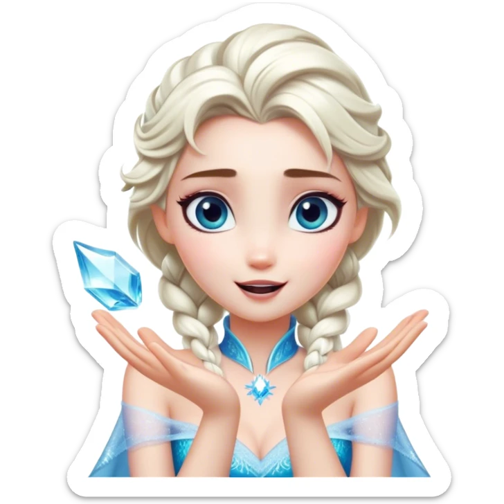 Cinematic Playful Elsa Portrait Emoji, Blowing frost from her hands in a dazzling display, eyes filled with mischief, exuding a magical charm that is both fun and enchanting! sticker