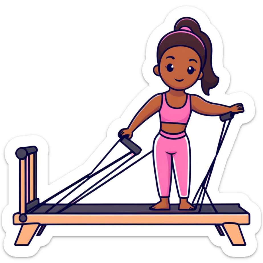Brown girl in pink outfit on pink reformer pilates sticker