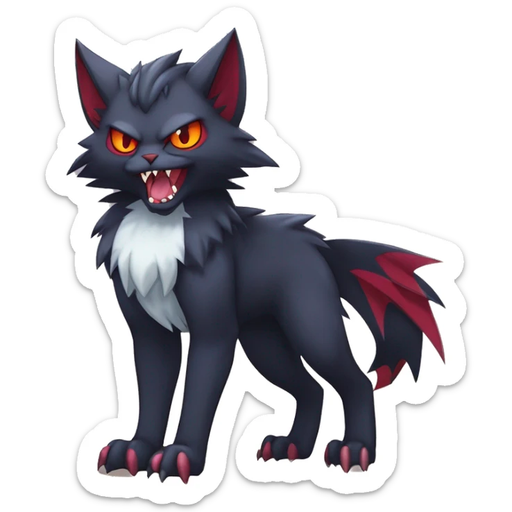   cool edgy beautiful fantasy anime-style dark animal vampiric Litten-Zoroark-Nargacuga-cat-hybrid Fakemon with big fangs and bat-ears full body sticker
