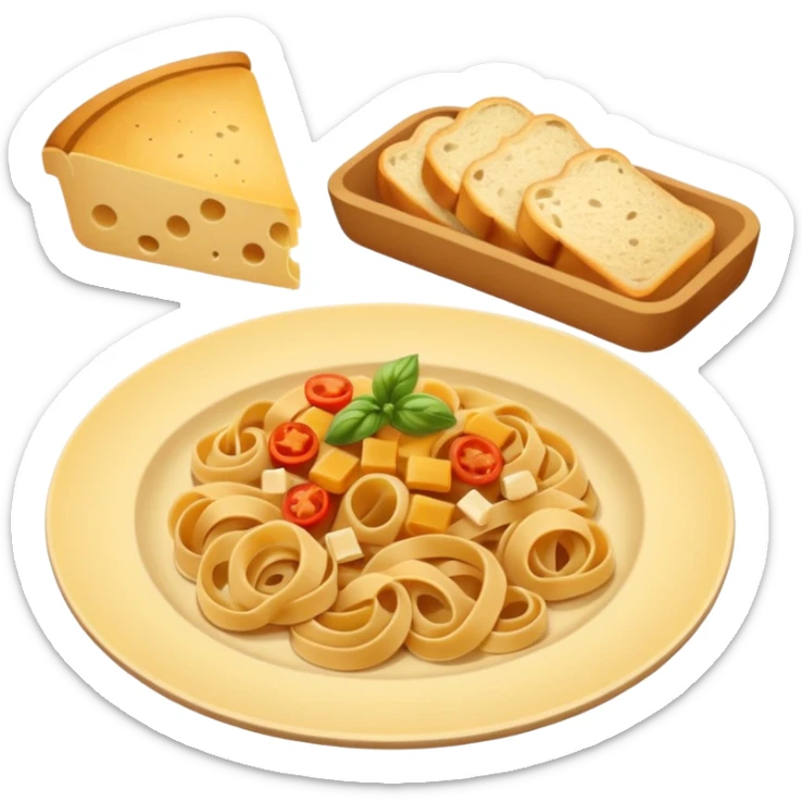 European cuisine humanless avatar in modern emoji-style illustration. Plate with pasta and bread, neutral warm colors, simple shapes, flat design, elegant and friendly. sticker