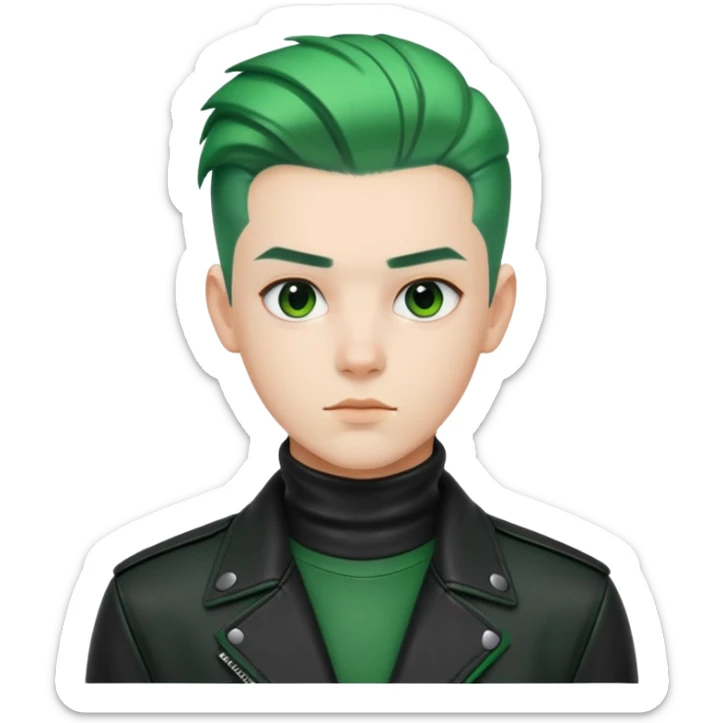 Nam 15 tuổi, da trắng, tóc under cut màu xanh lá cây vuốt ngược ra sau, áo khoác cao cổ da màu đen sticker