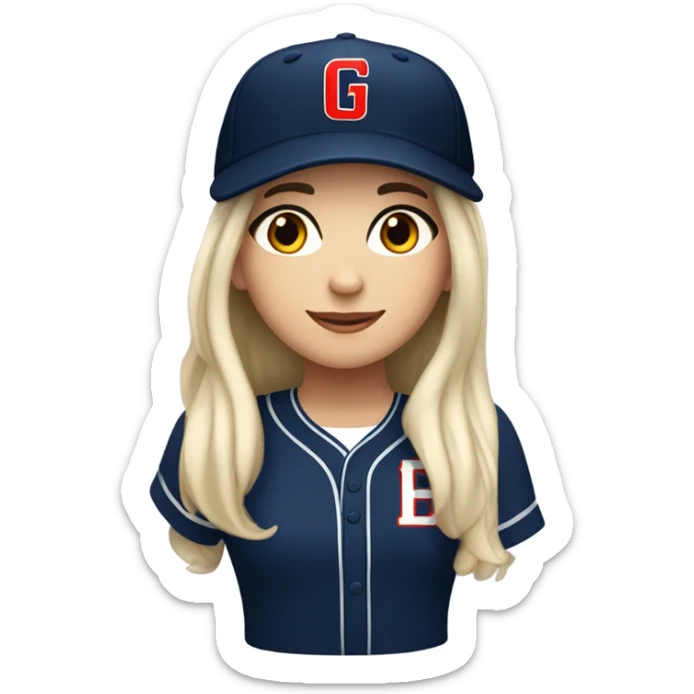 White girl with black long hair who wearing navy ballcap emblazoned with a red G initial and wearing baseball uniform sticker