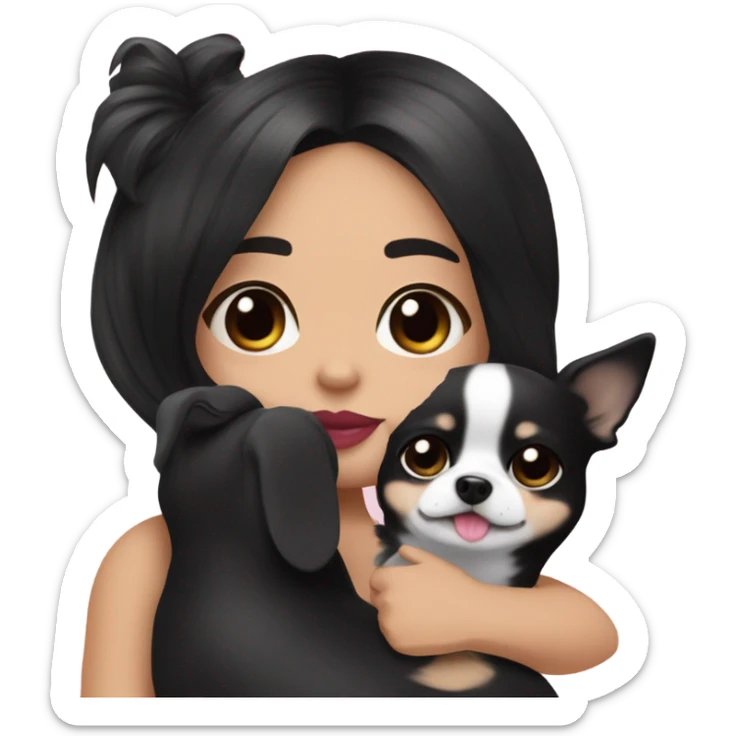 Thick medium black hair with black eyes and pink lip and pink cheek Filipino lady hugging black and white Chihuahua  sticker
