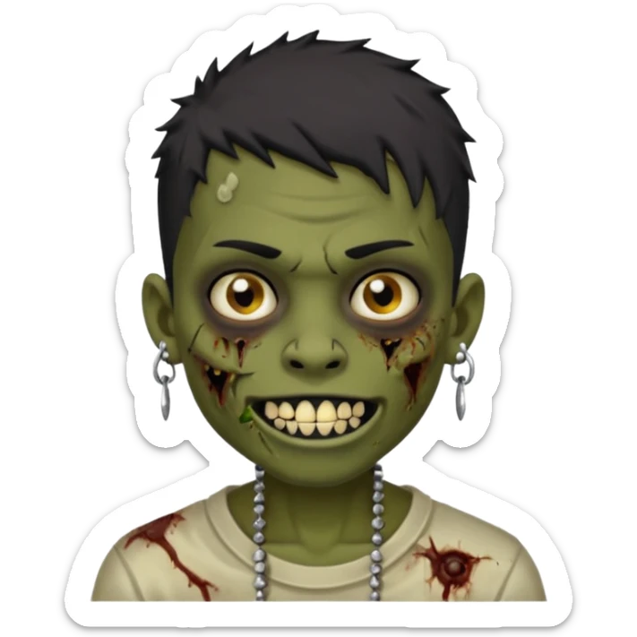 Make a boy zombie dark skin and short black 4c hair, showing a studded grillz teeth with a earing sticker
