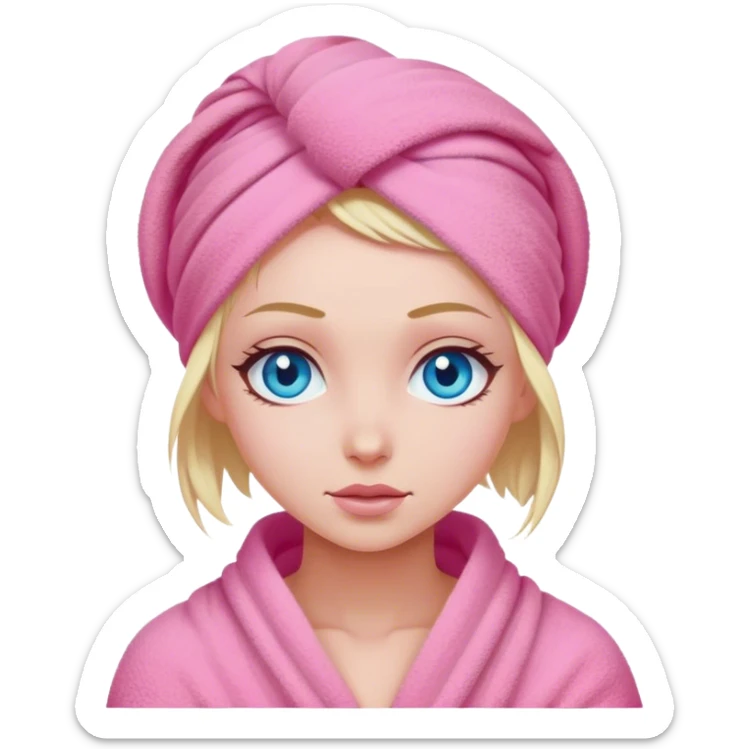 A cinematic realistic girl with blue eyes, with her hair wrapped in a pink towel sticker