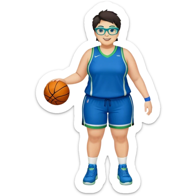 Full Body plus size white female basketball player with short dark hair with highlights spike hair wearing blue glasses  wearing blue green uniform smiling sticker