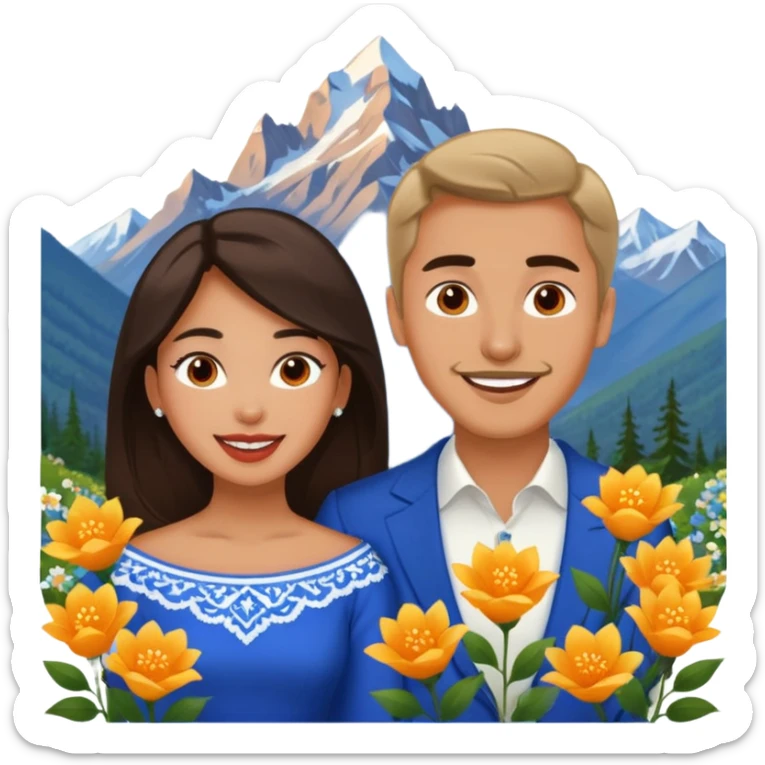 Excited Couple traveling  russian man and elegant  Latina girl delicate flowers and mountains in the background  sticker