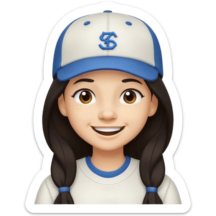 Digital illustration of a cartoon character with a big smile on its face and winking. The character has long dark hair and is wearing a white baseball cap and casual clothes. The overall style of the illustration is cute and playful. sticker