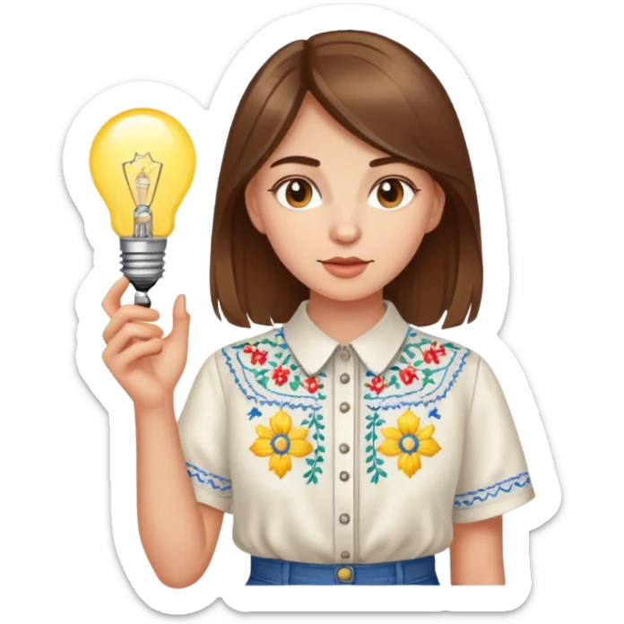 A Ukrainian girl with brown hair in an embroidered shirt holds a light bulb sticker