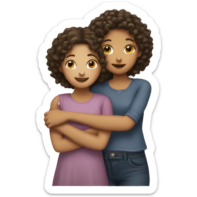 A girl with another girl (friends) hugging where one has curly hair and the other has straight hair. sticker