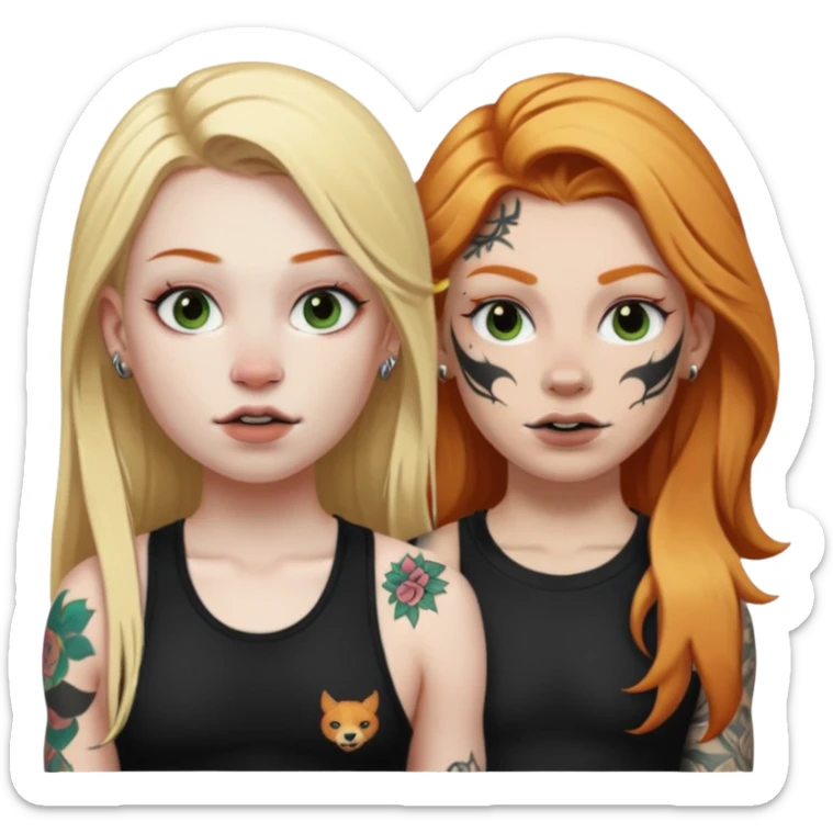 girl with long blonde hair, black tattoos and a septum piercing next to an athletic ginger girl with tattoos and a septum piercing sticker