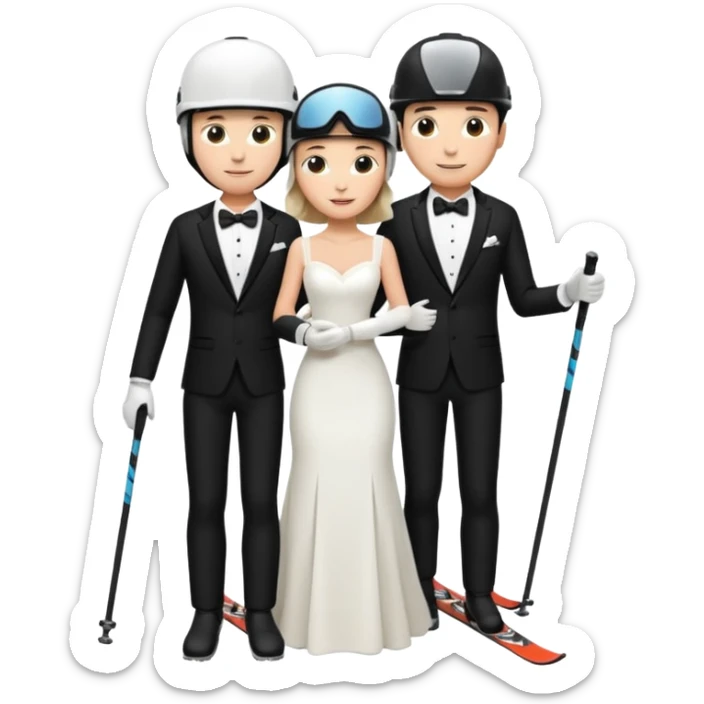 a recently marries couple skiing, ski helmet on in wedding dress and tux sticker