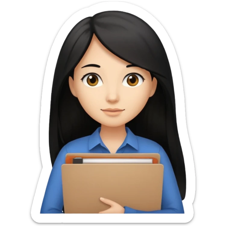 a light tan woman with long black hair past mid-back, round brown eyes and manila folder in her hands sticker