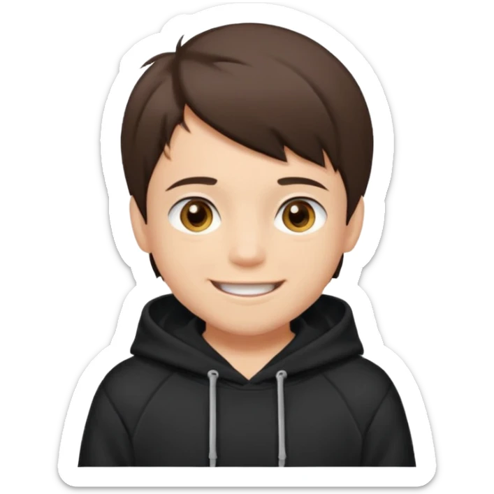 A brunette boy, short straight hair, light brown eyes, with a black sweatshirt with a hoodie, and smile without teeth  sticker