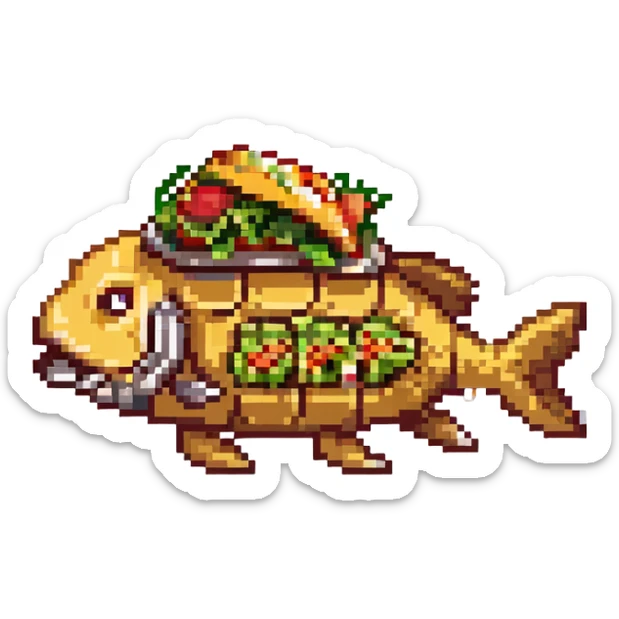 a cyborg robotic carp who's body is made from a filled crunchy taco, with lettuce salsa meat and cheese. he is fish taco bot man sticker