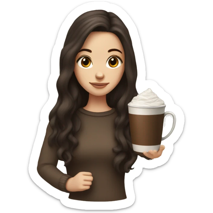 white girl with dark brown long hair, dark brown eyes, and a hot chocolate sticker