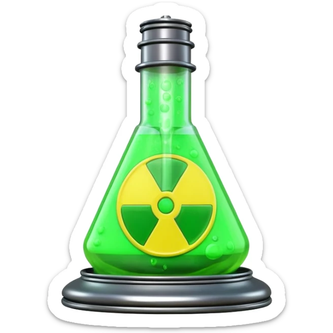 3D render of Reactor Rod, toxic waste aesthetic, neon green bubbling liquid, caution yellow metal, industrial warning texture. sticker