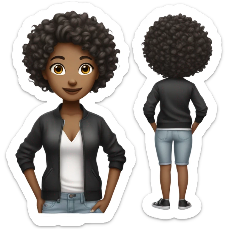 A girl her hair is curly beautiful, cool she is white and black like she is turned skin she wearing a sticker