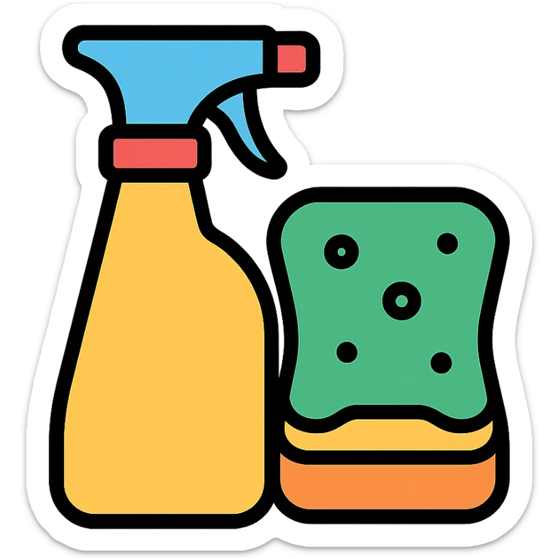 colorful icon of cleaning supplies, including spray bottle and sponge sticker