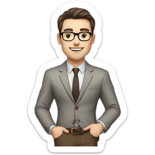 Pale skinned fit man with dark brown hair in gray jacket, beige office shirt, brown tie, brown pants and vintage glasses Writing on the flipchart sticker
