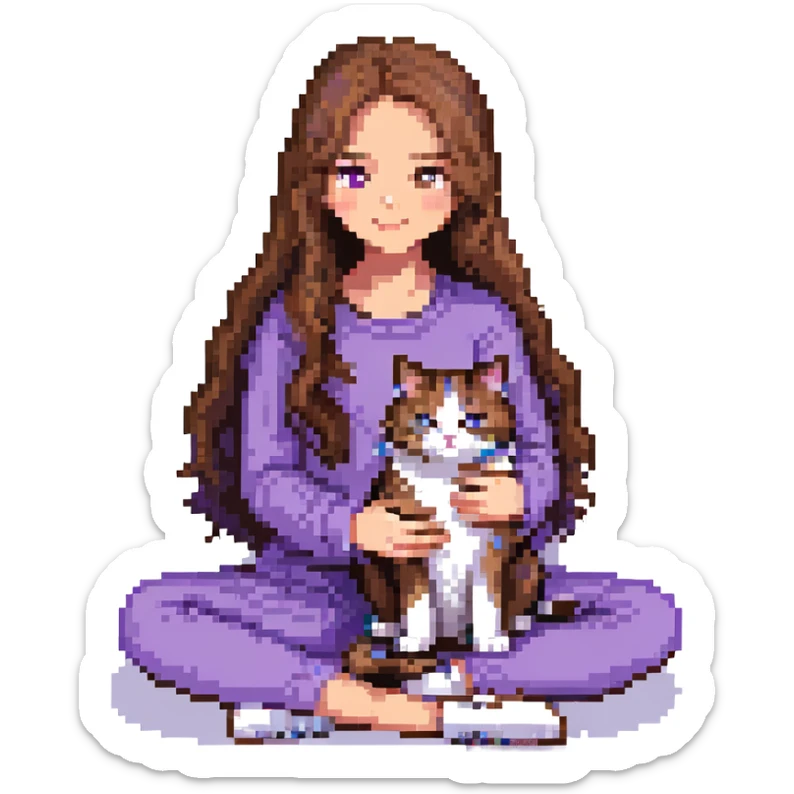 Add a cozy indoor background to the scene with a girl with long, wavy brown hair, brown eyes, purple clothes, sitting with a three-color cat in pixel art style. sticker