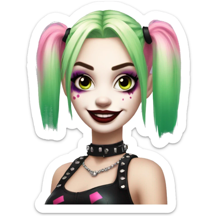 Sparkling goth punk Harley Quinn with blonde green and pink hair sticker