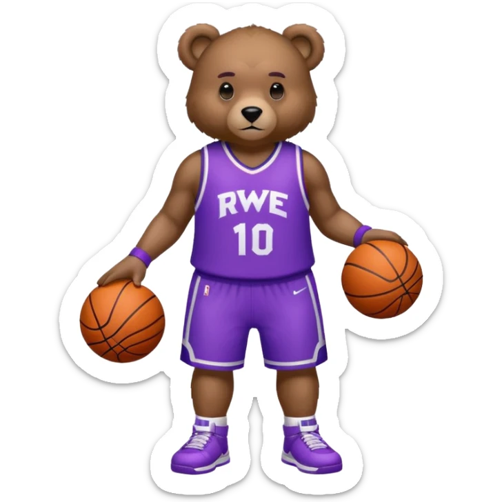 Bear with full body and wearing basketball white and purple jersey that says RWE  sticker