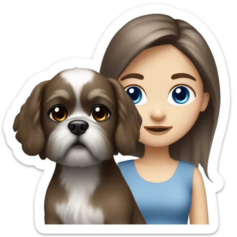 Brown hair girl with blue eyes with grey shih ztu dog sticker