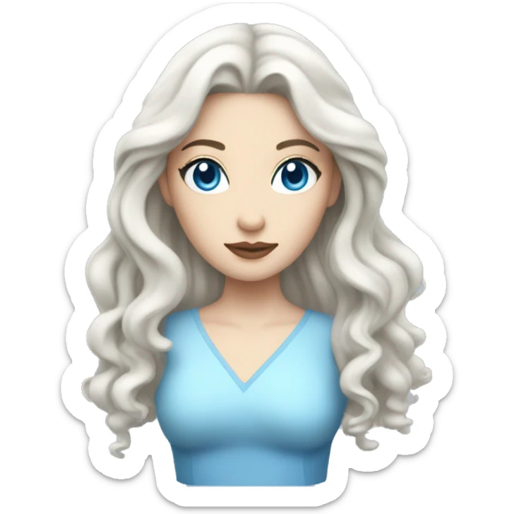 pale woman with long black wavy hair and light blue eyes with ice powers and a blue dress sticker