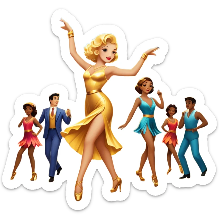 Vintage movie poster-style icon for a musical film. The cityscape glows in the background, evoking the golden era of musicals. A vibrant street scene with bright lights, dancers mid-step, a singer with a microphone among the skyscrapers. Transparent background. sticker