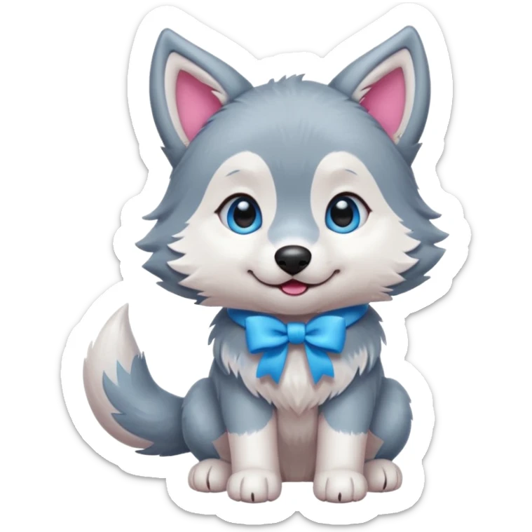 an animated gif-style sticker emote of a wolf puppy in a play-bow wagging its tail in a smooth, natural arc over its back. It has a pink bow on one ear and bright blue eyes sticker