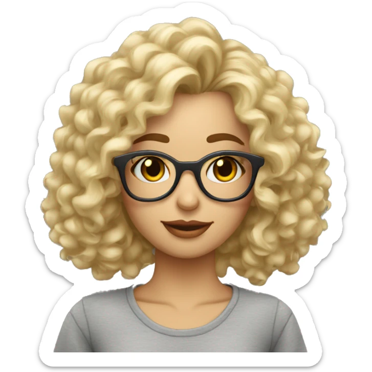 Chica rubia pelo rizado largo y con lentes, franela gris sticker