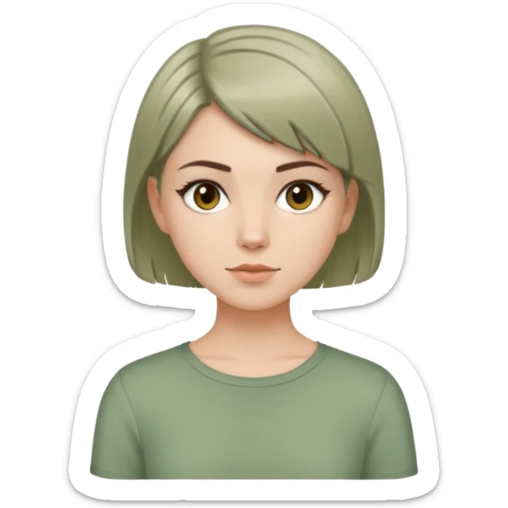 White girl with short wolfcut hairstyle, brown eyes, straight hair, wearing a sage green top sticker