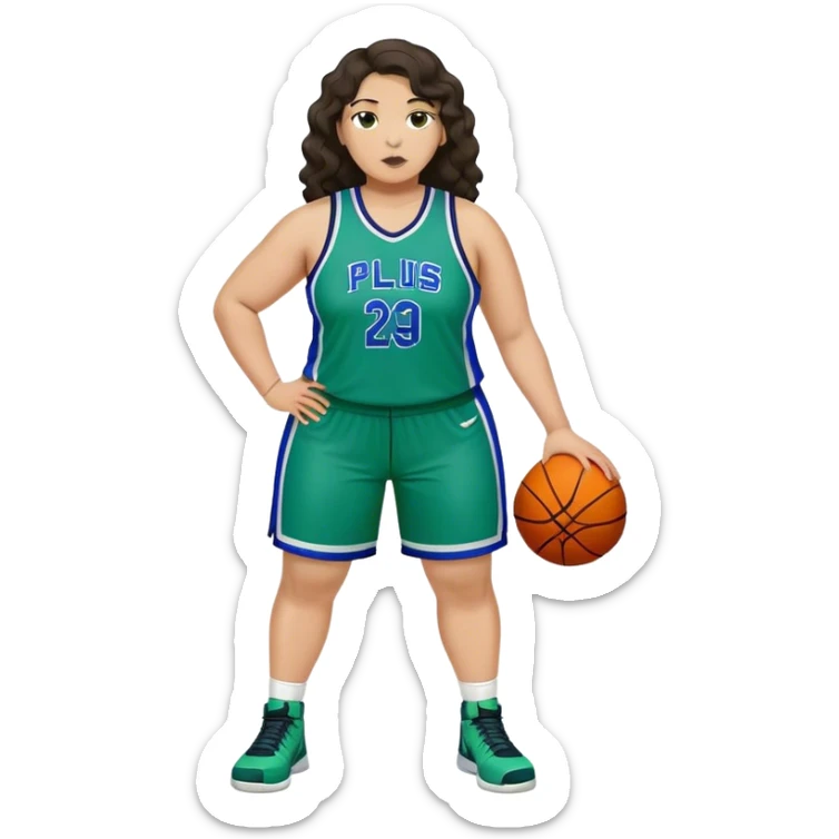full body plus size light skin latino women basketball player with wavy dark hair large wide nose wearing blue with green uniform sticker
