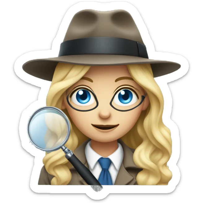 Girl with long wavy blonde hair and blue eyes, dressed as a detective with a magnifying glass over one eye sticker