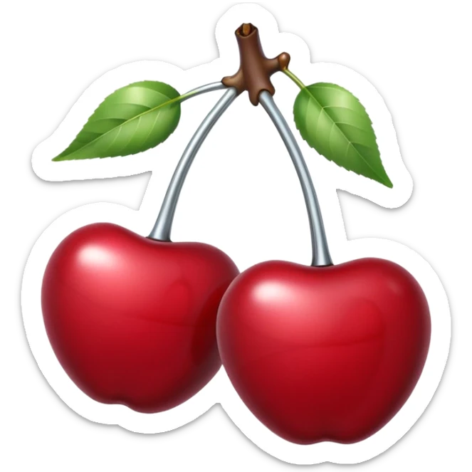 A pair of cherries emoji made of polished silver chrome, smooth rounded shapes, glossy metallic finish, soft highlights and reflections, cute proportions, iOS emoji style, centered, clean white background, no text sticker