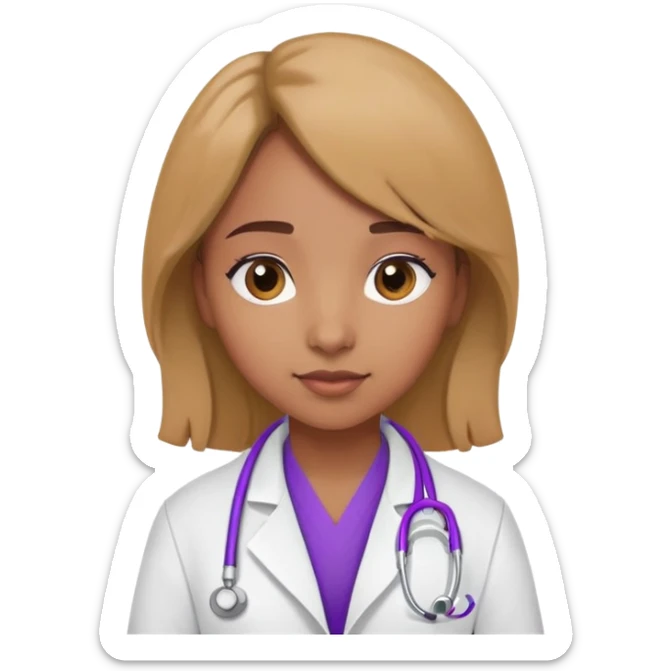 Light browned skin girl with a doctors coat with a purple stethoscope around her neck sticker