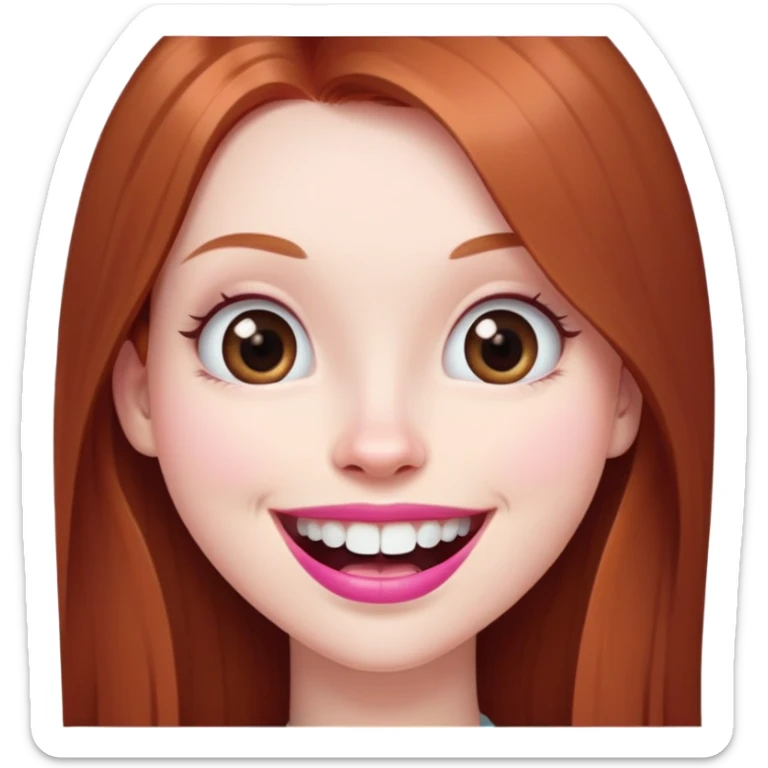 Young girl with pale skin, longer face, full pink lips smiling with big teeth, very long straight auburn hair (lighter ginger, not bright red), big brown eyes, extra large nose, big mouth, slightly asymmetrical features, less conventionally pretty sticker