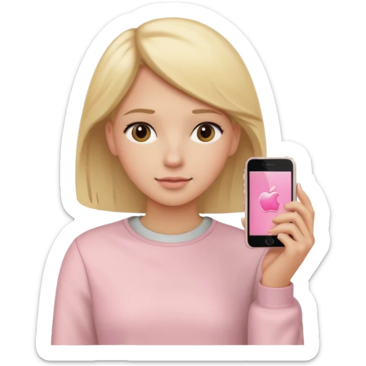 close up of a pastel pink iPhone held to the ear, blonde hair, beige clothes, iOS Apple emoji style sticker