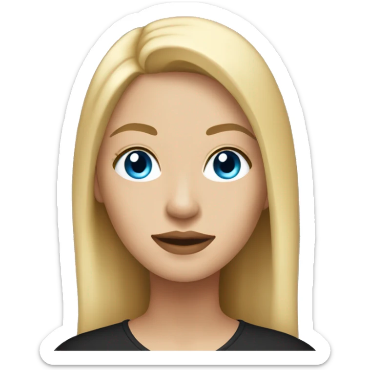 a woman with blue eyes, light skin, blonde straight hair. black shirt. sticker
