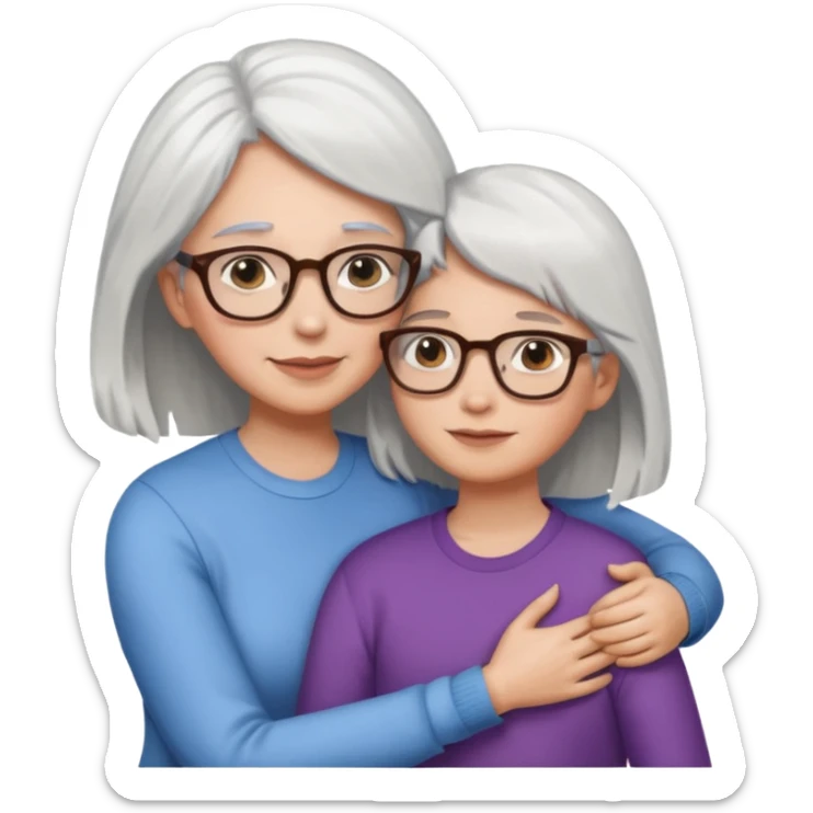 Abrazo de Madre con pelo blanco y gafas y hija con pelo morena sin gafas sticker