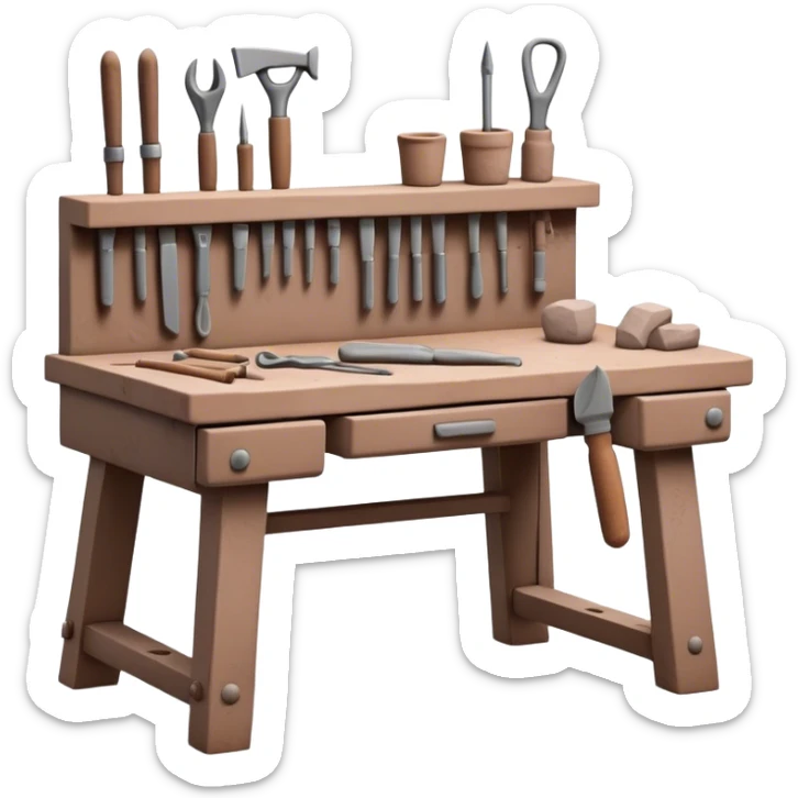 Cinematic Realistic image of a workbench set with a lump of pliable clay and artisanal sculpting tools, rendered with finely detailed textures that reveal subtle clay particles and well-worn tool surfaces, bathed in warm, focused studio lighting sticker