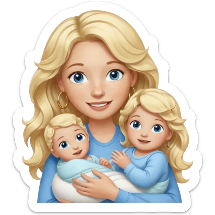 Wavy blonde, white woman with blue eyes, freckles hoop earrings, holding babies smiling and really cute in gold hoops she needs to be holding three newborns, and she needs to be more cute than pretty sticker