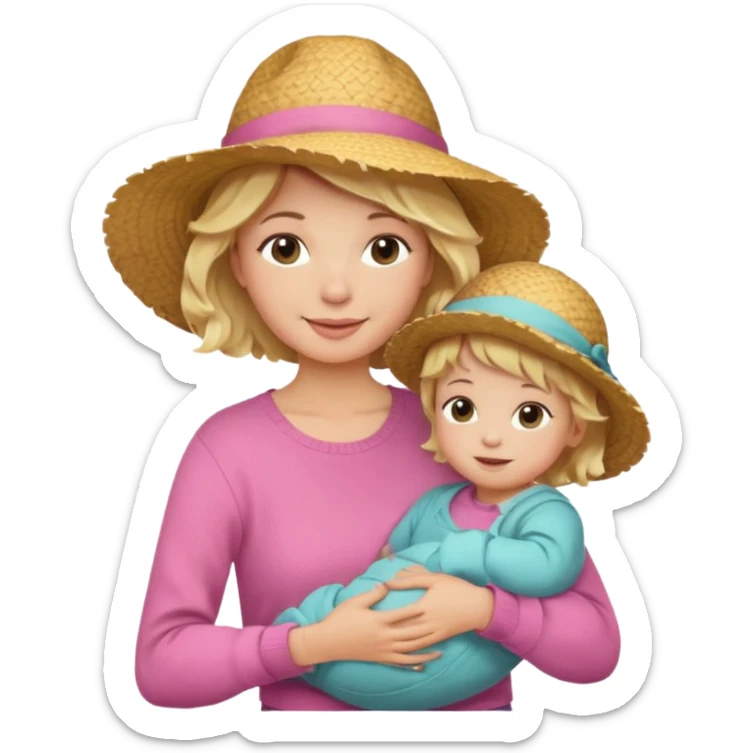 A cheerful wavy short blond hair mom in a straw hat carrying her child, wearing a pink sweater sticker