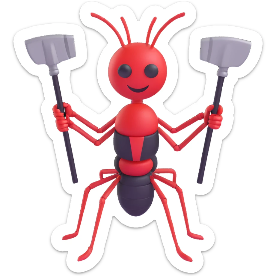 an emoji of an ant with body and legs made out of axes, 3D emoji style sticker